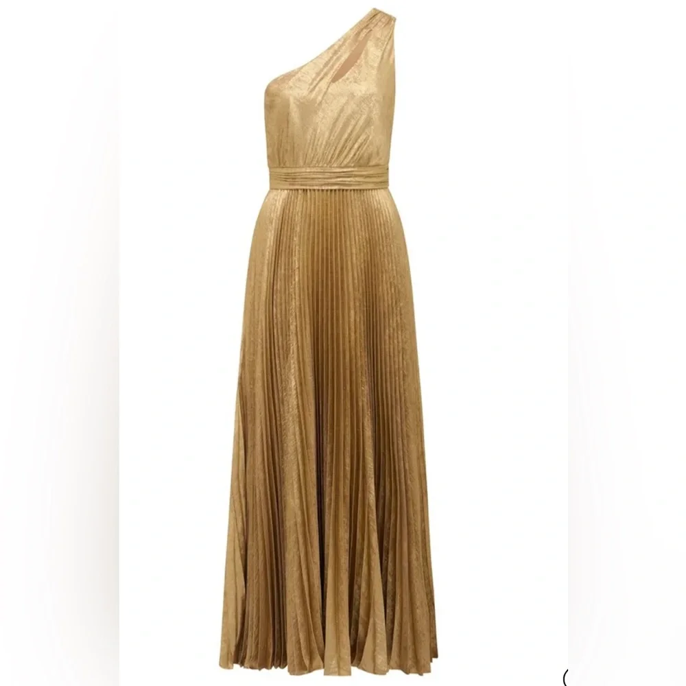 Ever New Elegant Gold Metallic One-Shoulder Cut Out Pleated Maxi Dress (Size 4) - Picture 7 of 15